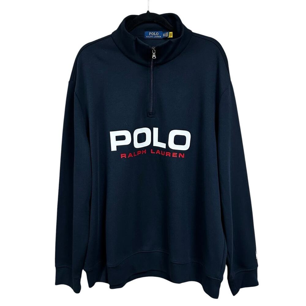 Polo Ralph Lauren Navy 1/4 Zip Long Sleeve Logo Pullover Sweatshirt Mens XXL